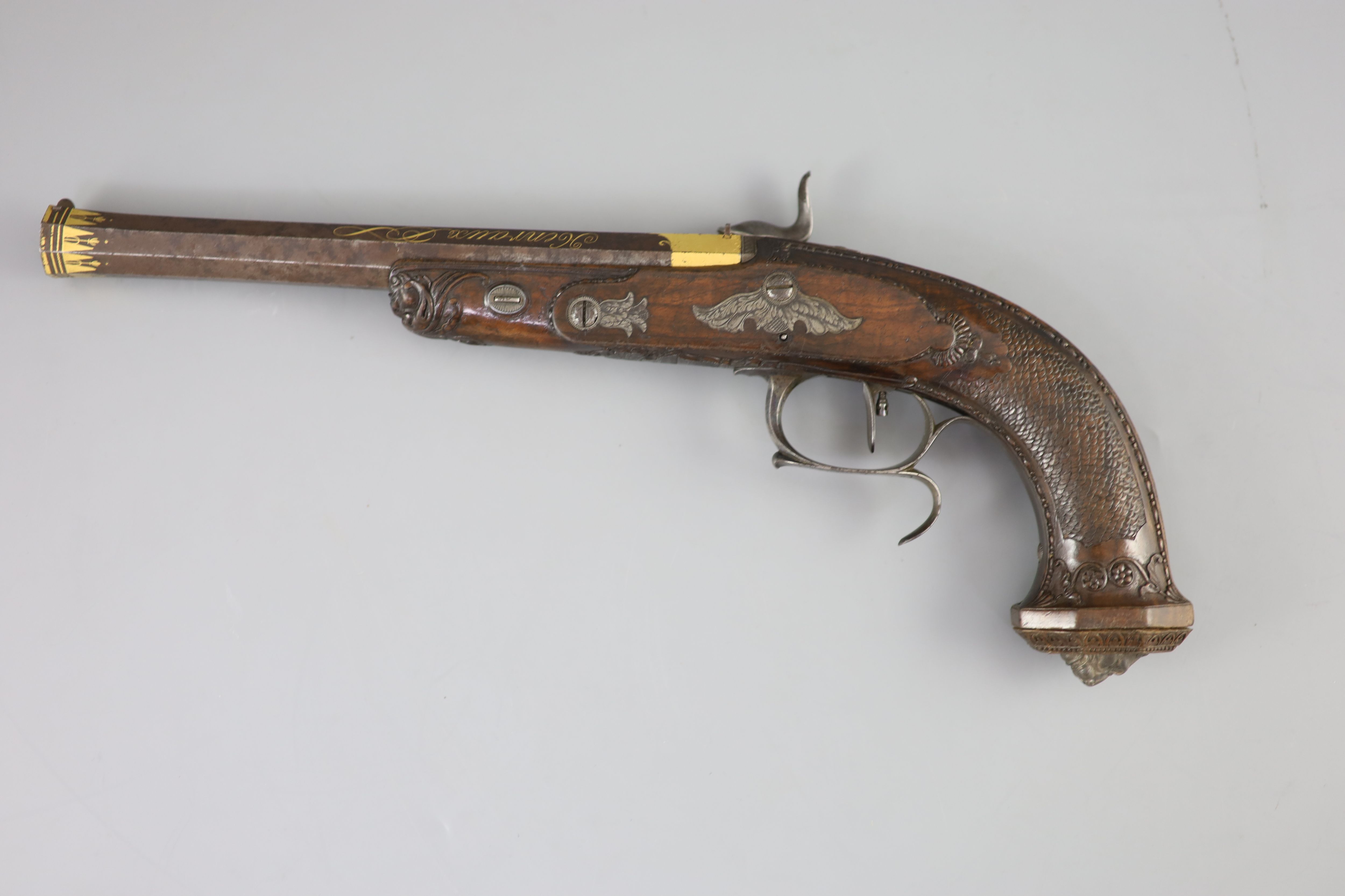 A late 18th/ early 19th century French gold inlaid pistol by Henraux 14.5in.